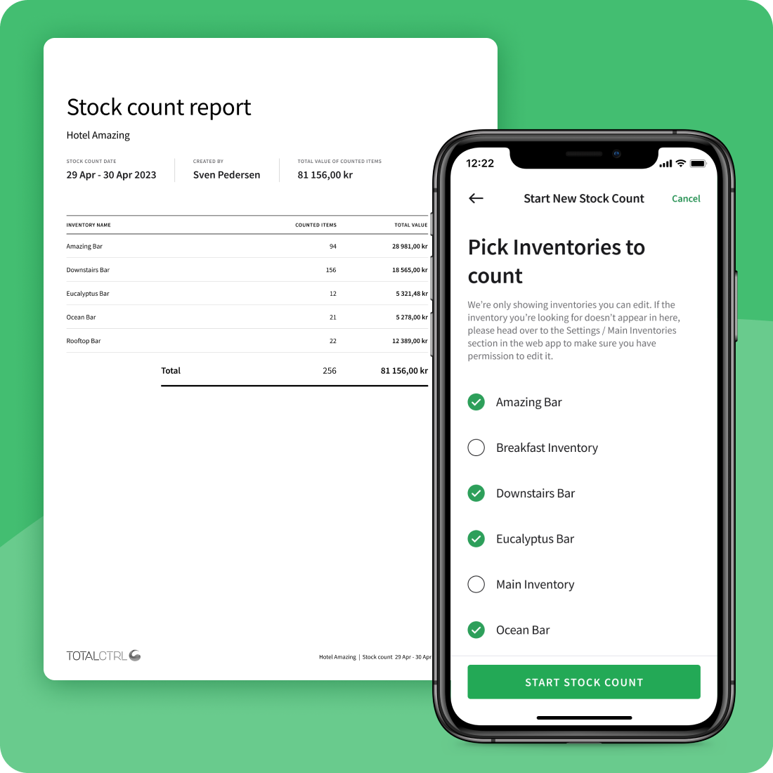 TotalCtrl mobile app - stock count report and screen where users can pick inventories to count